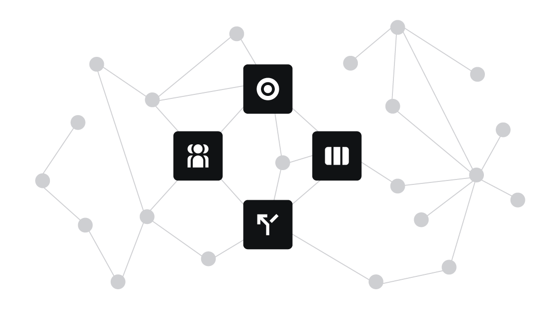 Business icons connected in a web.